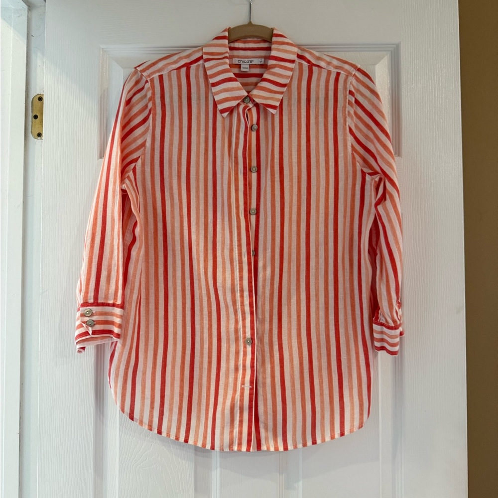 Chico's Orange and White Striped Linen Shirt Chico’s size 1 - US size 8